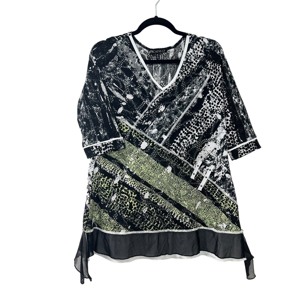 Picadilly Womens Animal Print Burnout Lace Tunic Top Black Lime Green Medium